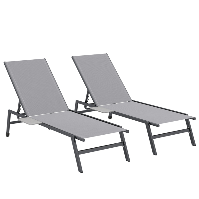 Outsunny Sun Loungers Set of 2 with Side Tray Table, Garden Recliners with 5-Position Adjustable Backrest, 2 Wheels, Grey - image 1