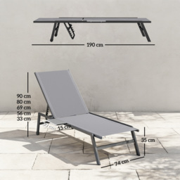 Outsunny Sun Loungers Set of 2 with Side Tray Table, Garden Recliners with 5-Position Adjustable Backrest, 2 Wheels, Grey - thumbnail 3