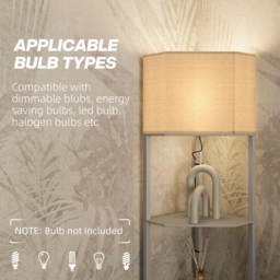 HOMCOM Corner Floor Lamp with Shelves, Tall Standing Lamps for Living Room, with Pull Chain Switch Bulb not Included, Grey - Aosom UK - thumbnail 7