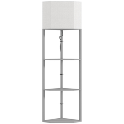 HOMCOM Corner Floor Lamp with Shelves, Tall Standing Lamps for Living Room, with Pull Chain Switch Bulb not Included, Grey - Aosom UK