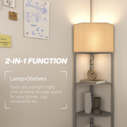 HOMCOM Corner Floor Lamp with Shelves, Tall Standing Lamps for Living Room, with Pull Chain Switch Bulb not Included, Grey - Aosom UK - thumbnail 4