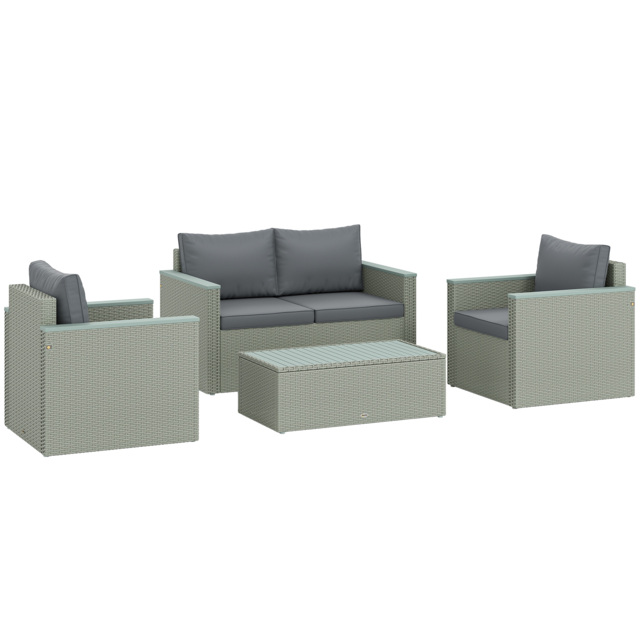 Outsunny 4 Piece Rattan Garden Furniture Set, 4 Seater Wicker Outdoor Sofa Set with 2 Armchairs, Loveseat, Acacia Wood Top Coffee Table, Cushions, Patio Conservatory Set for Balcony, Light Grey - image 1