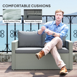 Outsunny 4 Piece Rattan Garden Furniture Set, 4 Seater Wicker Outdoor Sofa Set with 2 Armchairs, Loveseat, Acacia Wood Top Coffee Table, Cushions, Patio Conservatory Set for Balcony, Light Grey - thumbnail 5