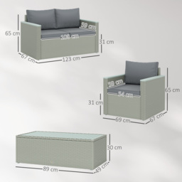 Outsunny 4 Piece Rattan Garden Furniture Set, 4 Seater Wicker Outdoor Sofa Set with 2 Armchairs, Loveseat, Acacia Wood Top Coffee Table, Cushions, Patio Conservatory Set for Balcony, Light Grey - thumbnail 3