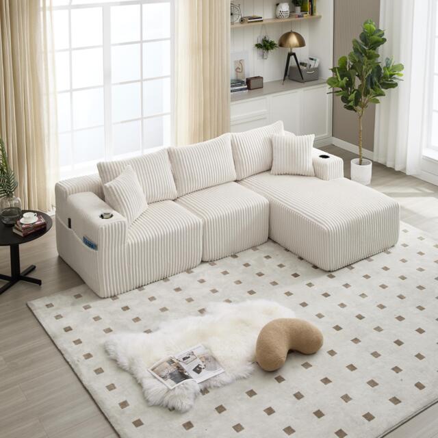Modular L-Shaped Sectional Sofa with High-Resilience Foam, Plush Corduroy Chaise Lounge for 3 People, 257L x 160W x 80H cm, Beige - Aosom UK - image 1