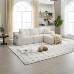 Modular L-Shaped Sectional Sofa with High-Resilience Foam, Plush Corduroy Chaise Lounge for 3 People, 257L x 160W x 80H cm, Beige - Aosom UK - thumbnail 9