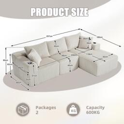 Modular L-Shaped Sectional Sofa with High-Resilience Foam, Plush Corduroy Chaise Lounge for 3 People, 257L x 160W x 80H cm, Beige - Aosom UK - thumbnail 3