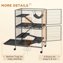 PawHut Small Animal Cage for Chinchilla Ferret Kitten on Wheels with Hammock Removable Tray, Silver Grey - thumbnail 7