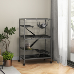 PawHut Small Animal Cage for Chinchilla Ferret Kitten on Wheels with Hammock Removable Tray, Silver Grey - thumbnail 2