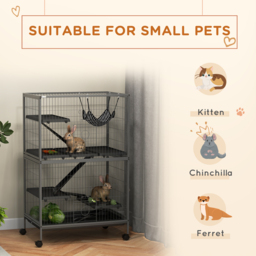 PawHut Small Animal Cage for Chinchilla Ferret Kitten on Wheels with Hammock Removable Tray, Silver Grey - thumbnail 4