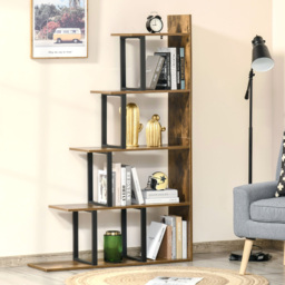 HOMCOM 5-Tier Bookcase, Wooden Ladder Bookshelf Display Stand, Rustic Brown - thumbnail 2