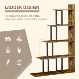 HOMCOM 5-Tier Bookcase, Wooden Ladder Bookshelf Display Stand, Rustic Brown - thumbnail 4
