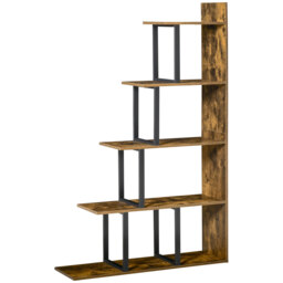 HOMCOM 5-Tier Bookcase, Wooden Ladder Bookshelf Display Stand, Rustic Brown - thumbnail 1