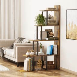 HOMCOM 5-Tier Bookcase, Wooden Ladder Bookshelf Display Stand, Rustic Brown - thumbnail 7