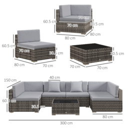 Outsunny 7 Pcs PE Rattan Garden Furniture Set w/ Thick Padded Cushion, Patio Corner Sofa Sets w/ Glass Coffee Table & Pillows, Mixed Grey - Aosom UK - thumbnail 3