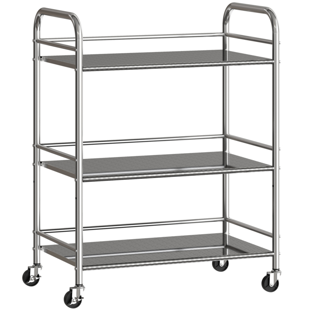 HOMCOM 3 Tier Stainless Steel Kitchen Storage Trolley with Adjustable Shelf - Silver - image 1