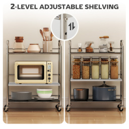HOMCOM 3 Tier Stainless Steel Kitchen Storage Trolley with Adjustable Shelf - Silver - thumbnail 5