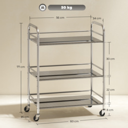 HOMCOM 3 Tier Stainless Steel Kitchen Storage Trolley with Adjustable Shelf - Silver - thumbnail 3