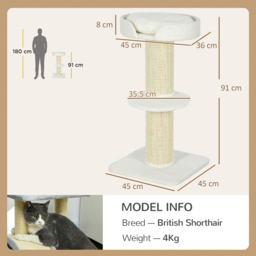 PawHut 2 Tier Sisal Sherpa Cat Tree with Basket Cushion Sisal Post Cream White - Aosom UK - thumbnail 3