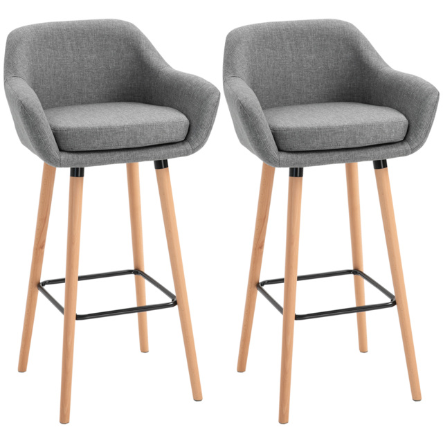 HOMCOM 2pcs Bar Chair, Wooden Counter Bar Stool with Linen Upholstery, Wood Legs, for Living Room Dining Room, Cat Scratch Anti, Grey - Aosom UK - image 1