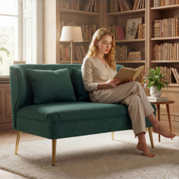 HOMCOM 2 Seater Sofa, Linen-look Fabric Small Sofa with Wing Back, Thick Seat, Metal Legs, Dark Green - thumbnail 3