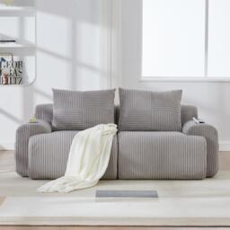 Modular 2-Seater Sofa with Cup Holder and Storage Pocket, Ribbed Corduroy Couch with High-Density Foam, 200L x 99W x 80H cm, Light Gray - Aosom UK - thumbnail 9