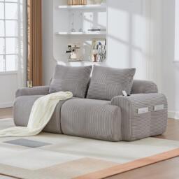 Modular 2-Seater Sofa with Cup Holder and Storage Pocket, Ribbed Corduroy Couch with High-Density Foam, 200L x 99W x 80H cm, Light Gray - Aosom UK - thumbnail 1