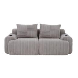 Modular 2-Seater Sofa with Cup Holder and Storage Pocket, Ribbed Corduroy Couch with High-Density Foam, 200L x 99W x 80H cm, Light Gray - Aosom UK - thumbnail 2