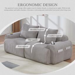 Modular 2-Seater Sofa with Cup Holder and Storage Pocket, Ribbed Corduroy Couch with High-Density Foam, 200L x 99W x 80H cm, Light Gray - Aosom UK - thumbnail 4