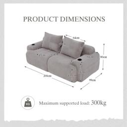 Modular 2-Seater Sofa with Cup Holder and Storage Pocket, Ribbed Corduroy Couch with High-Density Foam, 200L x 99W x 80H cm, Light Gray - Aosom UK - thumbnail 3