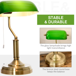 HOMCOM Banker's Table Lamps Set of 2, Desk Lamps with Antique Bronze Tone Base, Green Glass Shade and Pull Rope Switch for Home Office, Living Room, Bedroom, Dining Room, Green - thumbnail 6
