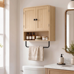 HOMCOM Bathroom Cabinet Wall Mounted, Bathroom Wall Cabinet with 2 Doors, Adjustable Shelf Storage for Toilet, Oak - thumbnail 2