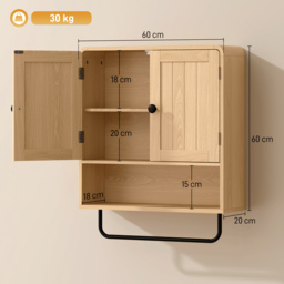 HOMCOM Bathroom Cabinet Wall Mounted, Bathroom Wall Cabinet with 2 Doors, Adjustable Shelf Storage for Toilet, Oak - thumbnail 3