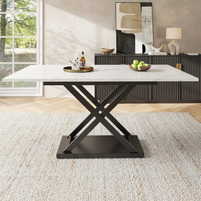 Extendable Dining Table with Marble MDF Top, Crossed Iron Legs, Telescopic Table of Space-Saving Design, Ideal for Kitchen, Dining Room, White - Aosom UK - image 1