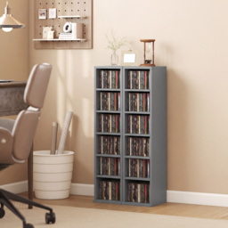HOMCOM Set of 2 CD Media Display Shelf Unit Tower Rack with Adjustable Shelves, Light Grey - thumbnail 2