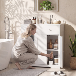 HOMCOM Bathroom Floor Cabinet, Freestanding Bathroom Cabinet with Drawer, Door, Open Shelves, White - thumbnail 8