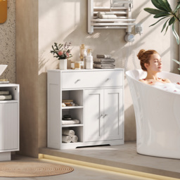 HOMCOM Bathroom Floor Cabinet, Freestanding Bathroom Cabinet with Drawer, Door, Open Shelves, White - thumbnail 2