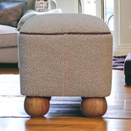 Solid Mango Wood Footstool with High-resilience Cushioning and Drawer, Upholstered Top Seat with Ball Feet, 38L x 38W x 40H cm, Brown - Aosom UK - thumbnail 1