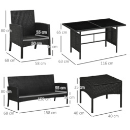Outsunny 5 Seater Rattan Garden Furniture Set Wicker Sofa Armchairs Footstools and Glass Table Patio Rattan Sofa Sets with Cushions, Black - Aosom UK - thumbnail 3