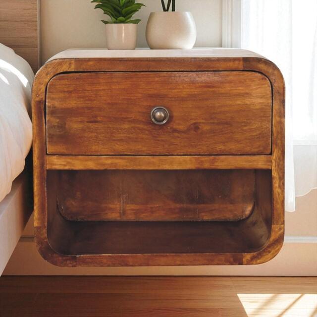 Solid Wood Mini Curve Floating Bedside with Drawer and Open Slot, Bedside Table with Robust Steel Frame, 25L x 30W x 25H cm, Brown - Aosom UK - image 1