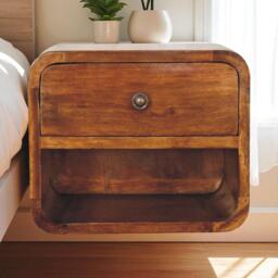 Solid Wood Mini Curve Floating Bedside with Drawer and Open Slot, Bedside Table with Robust Steel Frame, 25L x 30W x 25H cm, Brown - Aosom UK