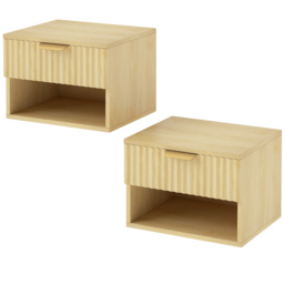 HOMCOM Floating Nightstands Set of 2, Modern Wall-Mounted Bedside Tables with Fluted Drawer and Open Shelf for Bedroom, Oak - thumbnail 1