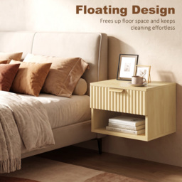 HOMCOM Floating Nightstands Set of 2, Modern Wall-Mounted Bedside Tables with Fluted Drawer and Open Shelf for Bedroom, Oak - thumbnail 6