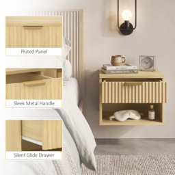 HOMCOM Floating Nightstands Set of 2, Modern Wall-Mounted Bedside Tables with Fluted Drawer and Open Shelf for Bedroom, Oak - thumbnail 7