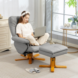 HOMCOM PU Leather Swivel Recliner Chair with Footstool, Wooden Base and Storage, Light Grey - Aosom UK - thumbnail 9