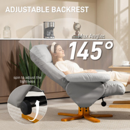 HOMCOM PU Leather Swivel Recliner Chair with Footstool, Wooden Base and Storage, Light Grey - Aosom UK - thumbnail 4