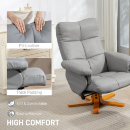 HOMCOM PU Leather Swivel Recliner Chair with Footstool, Wooden Base and Storage, Light Grey - Aosom UK - thumbnail 6