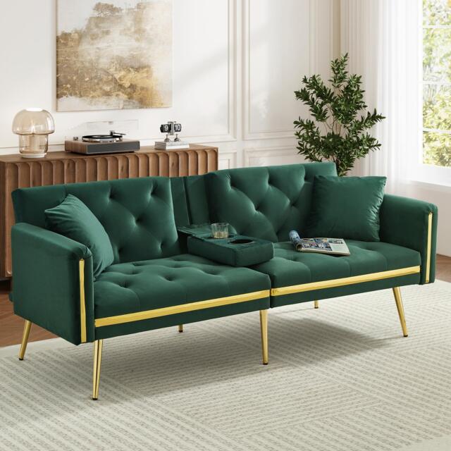 Two-Seater Convertible Sofa Bed with Adjustable Backrest, Space-Saving Sleeper Sofa with High-Density Foam, 174L x 76W x 71.5H cm, Green - Aosom UK - image 1