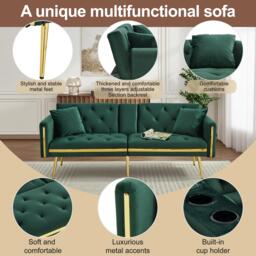 Two-Seater Convertible Sofa Bed with  Adjustable Backrest, Space-Saving Sleeper Sofa with High-Density Foam, 174L x 76W x 71.5H cm, Green - Aosom UK - thumbnail 5