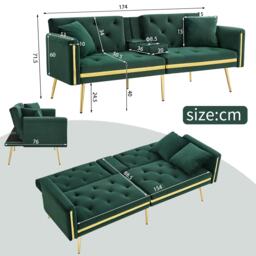 Two-Seater Convertible Sofa Bed with  Adjustable Backrest, Space-Saving Sleeper Sofa with High-Density Foam, 174L x 76W x 71.5H cm, Green - Aosom UK - thumbnail 3